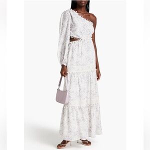 CAMI NYC OLYMPIA ONE SLEEVE FLORAL COTTON MAXI DRESS WHITE SMALL POM POMS